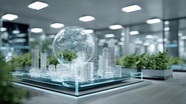 Sustainable City Concept Holographic Globe Encompassing Architectural Models in a Modern Office Setting, Representing Green Technology and Urban Planning photo