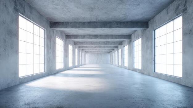 Empty Industrial Hallway with Concrete Walls and Large Windows, Minimalist Architecture Design and Natural Light photo