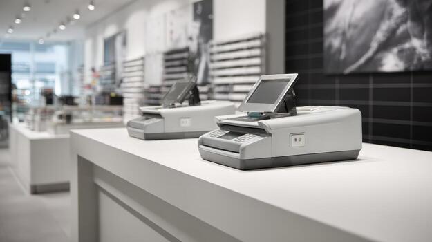 Modern optical store showcasing automated lens analyzers and diagnostic equipment for eye health assessment photo