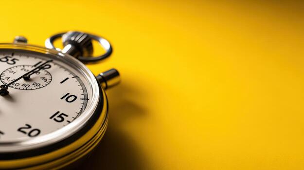 Close-up of a Classic Stopwatch on a Yellow Background Time Management, Deadlines, and Urgency Concept photo