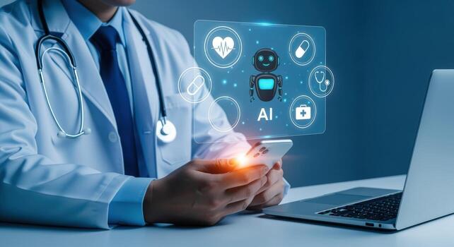 médico utilizando ai tecnología en teléfono inteligente para cuidado de la salud soluciones y médico innovación con futurista interfaz foto