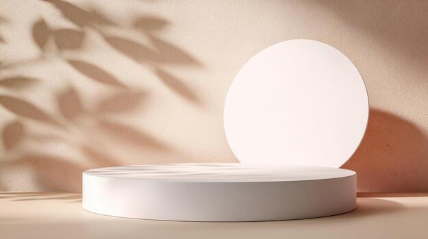 Elegant White Product Display Podium with Natural Shadow and Circle Backdrop for Showcase photo