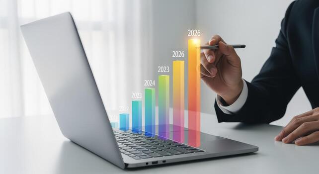 Business Growth Projection Man Analyzing Digital Bar Graph on Laptop Display for Future Success photo