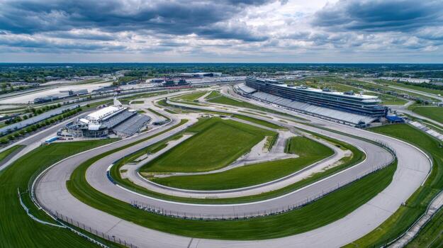 Aerial View of a Motorsports Race Track with Grandstands, Turns, and Green Fields Under Cloudy Sky photo