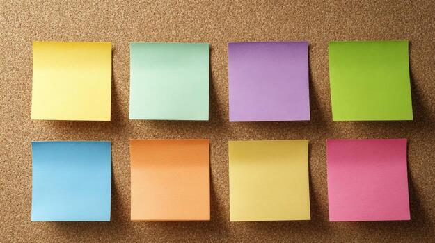 Colorful Sticky Notes Arranged on Corkboard Perfect for Reminders, Memos, and Creative Brainstorming Sessions photo