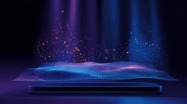 Abstract Digital Display Platform with Dotted Terrain and Lit Background for Technology Products photo