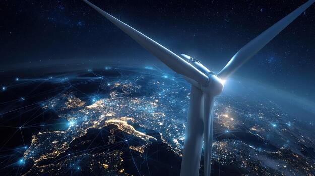 Wind Turbine Generating Clean Energy Over Illuminated Earth, Symbolizing Sustainable Future and Global Interconnectivity photo