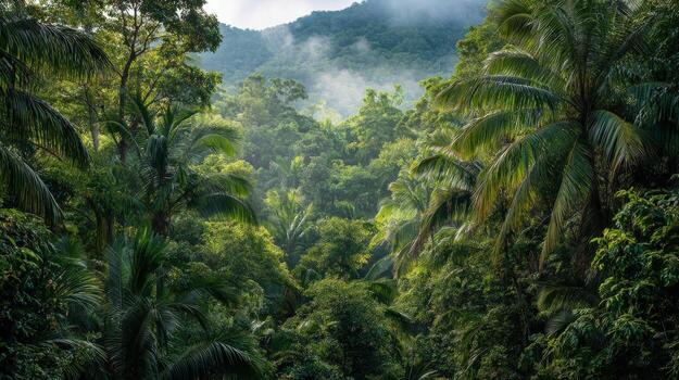 Lush Rainforest Canopy with Mist in the Distance, Green Natural Environment, Tropical Forest photo
