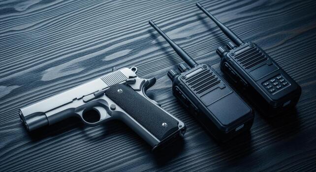 Firearm and Communication Equipment Handgun and Two Way Radios on Dark Wooden Background photo