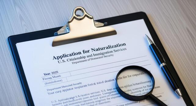 Naturalization Application Document on Clipboard with Pen and Magnifying Glass for Immigration Concept photo