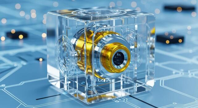 Advanced Sensor Technology Golden Sensor Encased in Transparent Cube on Circuit Board Background photo