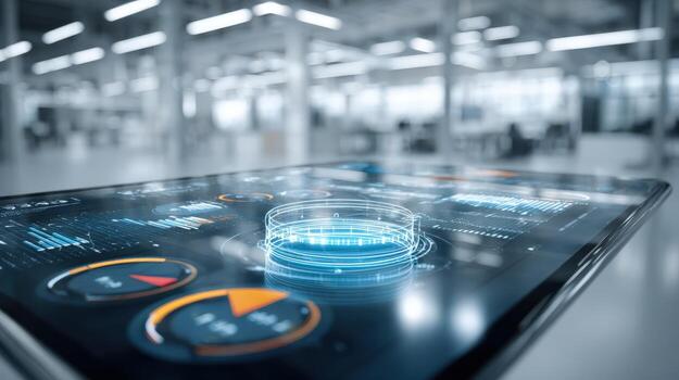 Digital Interface Displaying Analytics and Data Visualization in a Modern Research Facility, Perfect for High-Tech Concepts photo