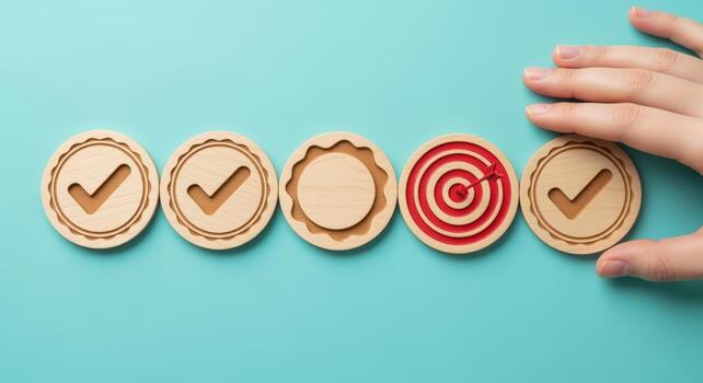 Completion Concept Hand Placing Target Icon in a Row of Checkmarks on Blue Background photo