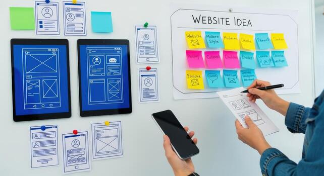 Website Design Brainstorming Person Creating Wireframes, Mobile App Development, User Interface Planning on Whiteboard photo