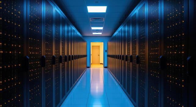 Server Room Data Center with Rows of Rack Servers and Network Equipment for Data Storage photo