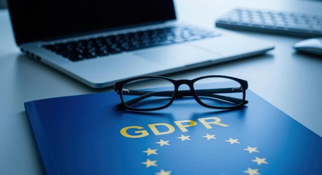 GDPR Compliance Concept Glasses on a Document, Laptop and Keyboard on a Desk in an Office photo