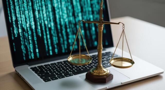 Justice and Technology Scales of Justice on a Laptop Displaying Binary Code for Legal Tech Concepts photo