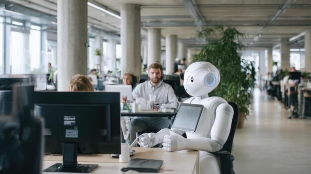 Robot Working in Modern Office with Coworkers, Showing Integration of Technology and Automation photo