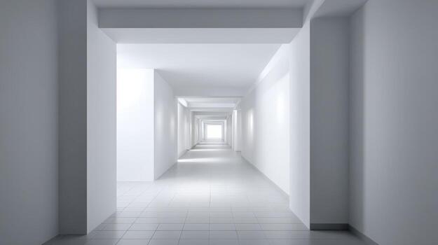 Endless White Hallway with Perspective View Modern Architecture, Clean Design, Minimalist Interior photo