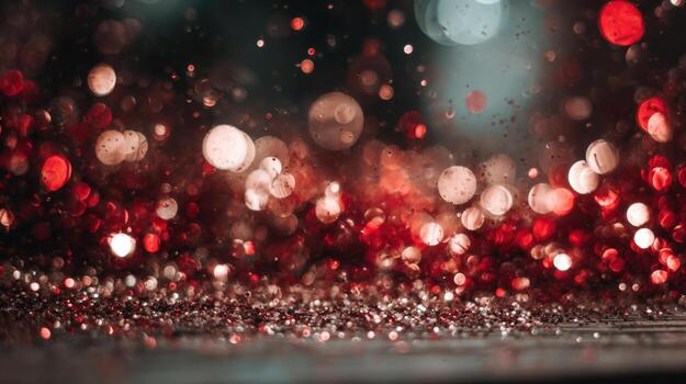 Festive Red Glitter Background with Bokeh Lights, Abstract Holiday Celebration Texture photo