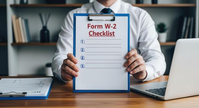 Professional Displays W2 Form Checklist on Clipboard for Tax Preparation and Financial Planning photo