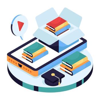 Books and graduation cap on digital tablet vector