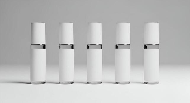 Sleek array of cosmetic containers in a minimalist studio setting offering blank space photo