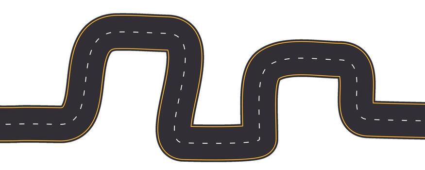 Top view Winding road top view, highway curve path. Empty horizontal way, map. Asphalt wavy road template, game, design element. vector