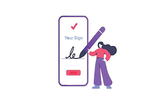 Woman Digitally Signing Document on Smartphone with Stylus and Send Button digital signature vector