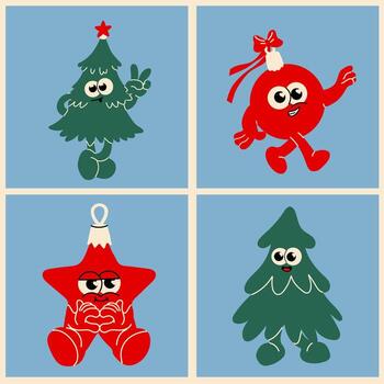 Set of cute and funny Christmas characters including animated trees, ornaments, and a star with expressive faces and playful poses on a blue background vector