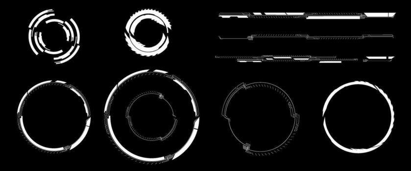 Various futuristic digital interface components are displayed, showcasing circular and linear designs ideal for technology-focused creative projects. These elements feature sleek, modern aesthetics. vector