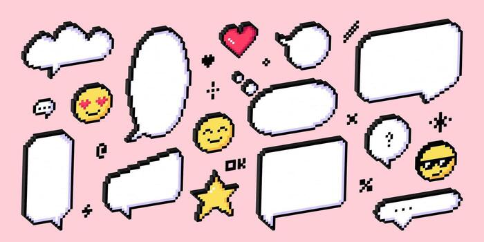 Set of pixel 3d speech bubbles in retro 8 bit style. Collection of pixelated dialogue boxes, message frames, emoticons, heart, star icons and other creative elements. Isolated illustration. vector