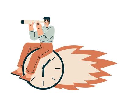 hora administración con hombre personaje en reloj marcar con fuego Mira en telescopio organizando eficiente negocio proceso ilustración vector
