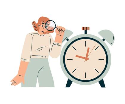 hora administración con mujer personaje Mira reloj con lupa organizando eficiente negocio proceso ilustración vector
