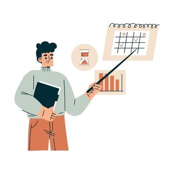 Time Management with Man Character with Pointer at Calendar Organizing Efficient Business Process Illustration vector