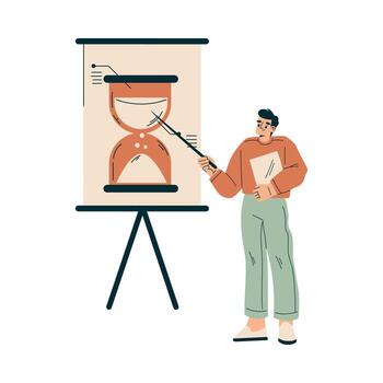 hora administración con hombre personaje punto a reloj de arena organizando eficiente negocio proceso ilustración vector