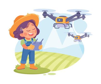 Child controlling drones on farm vector