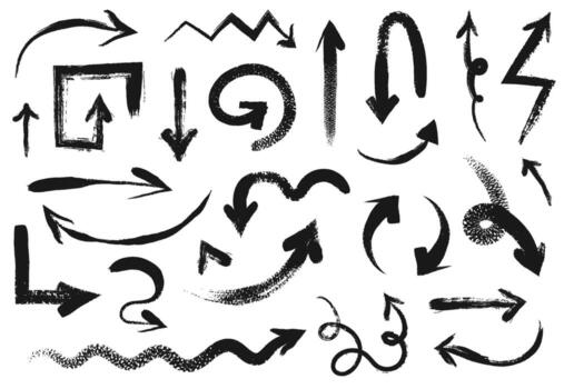 Brush stroke arrows. Hand drawn ink arrow shapes with grunge texture. Curved, wavy, spiral, turn and zigzag directional pointers, graffiti style textured set vector