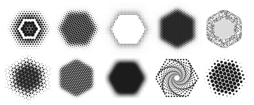 Halftone hexagon shapes. Abstract geometric hexagon dotted patterns with half tone effect, honeycomb texture, spiral design and digital gradient fade structure set vector