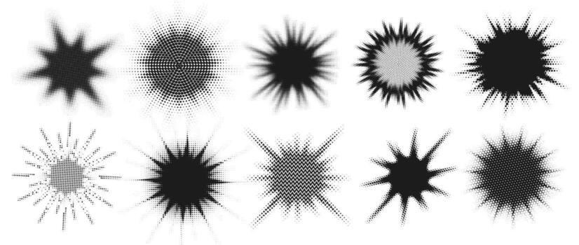 Halftone starburst shapes. Retro comic explosion with half tone effect, dotwork sunburst rays and dotted blurry flash background elements. Shiny rays and burst splash set vector