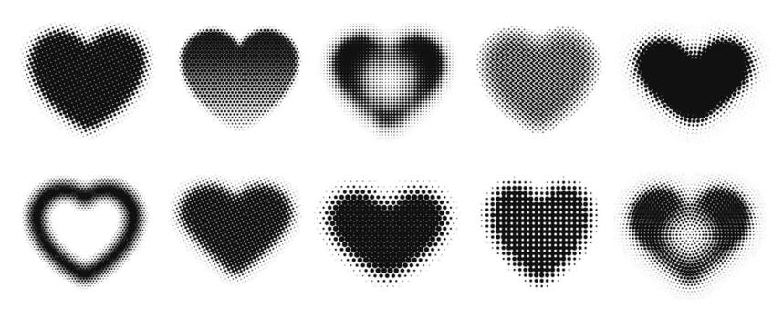 Halftone heart shapes. Dotted hearts with gradient dot patterns, retro pop art love symbols and abstract romantic elements with halftone stipple effect. Isolated set vector
