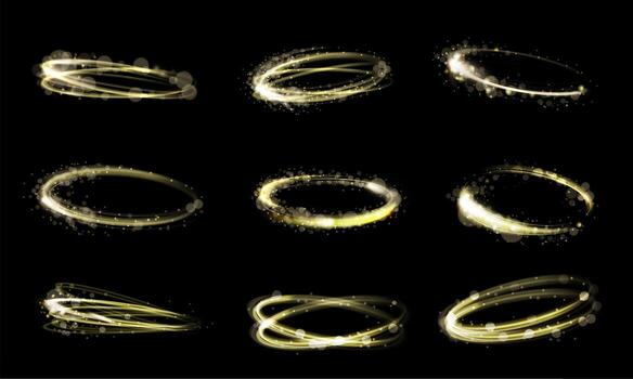 Magic circle glow. Shining golden light rings with sparkles, glowing swirl effect and glittering energy trails. Abstract magical halo, luminous circular motion and sparkling vortex loop set vector