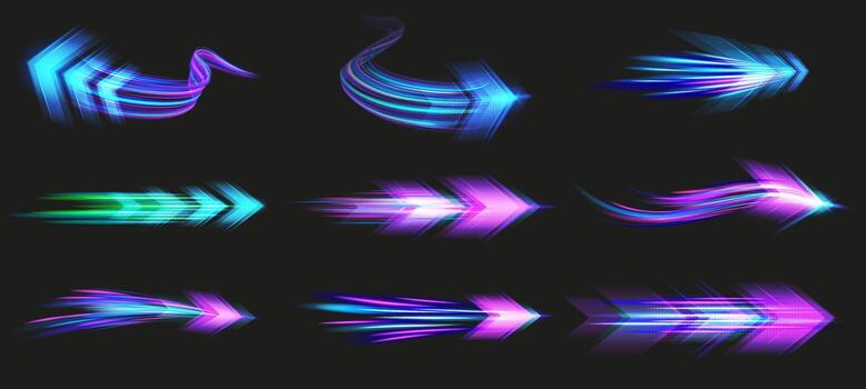 Light speed arrows. Futuristic glowing arrow streaks with high speed motion blur effect, fast pointers and dynamic direction beam with neon glow effect set vector
