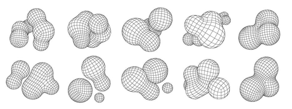 gota 3d estructura metálica formas poligonal orgánico objetos, fluido digital esfera racimos malla formas y futurista resumen molecular estructuras geométrico gotas conjunto con editable carrera camino vector