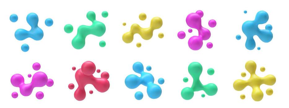 líquido 3d metaball formas lustroso fluido manchas, vistoso orgánico burbuja formas y dinámica conectado esferas resumen metabolas, molecular estructuras y futurista resumen gotita elementos vector