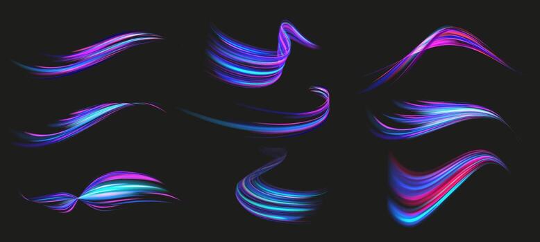 Speed light lines. Fast neon streaks, dynamic glowing energy swirl ribbons, futuristic speed motion effect and colorful motion wave trails. Isolated flowing light set vector
