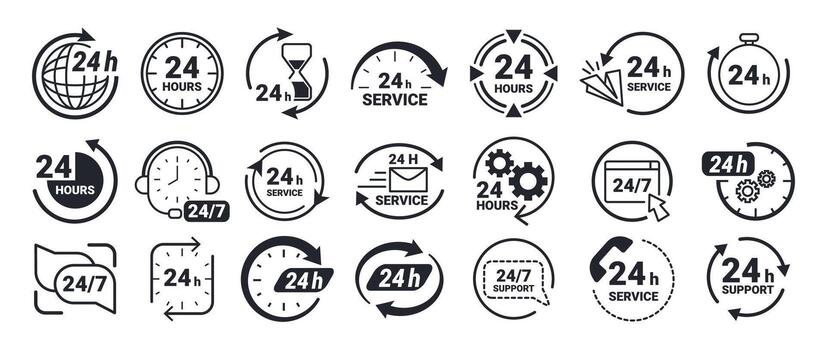 Twenty four hour icons. 24 7 service and support symbols, nonstop working time labels with clock, stopwatch, circular arrows and gear symbols. Availability hours set vector