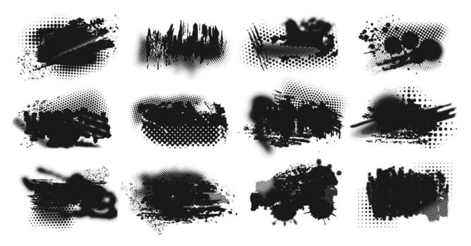 Grunge halftone textures. Mixed media ink brush strokes with distressed halftone pattern effects, dirty paint splatter shapes and rough urban graffiti style backgrounds set vector