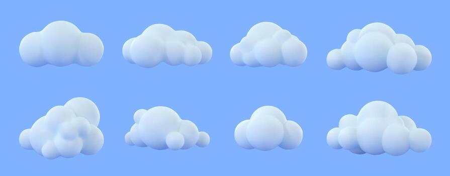 White fluffy 3D clouds. Cartoon puffy cumulus shapes, floating abstract bubble soft cloud and cloudy weather symbol icons. Isolated dreamy cloudscape elements set vector