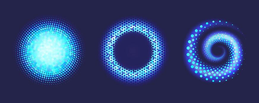 Glowing halftone circles. Neon dotted round shapes, abstract luminous ring, spiral swirl dots with gradient light effect. Futuristic circular glowing elements with digital half tone texture set vector